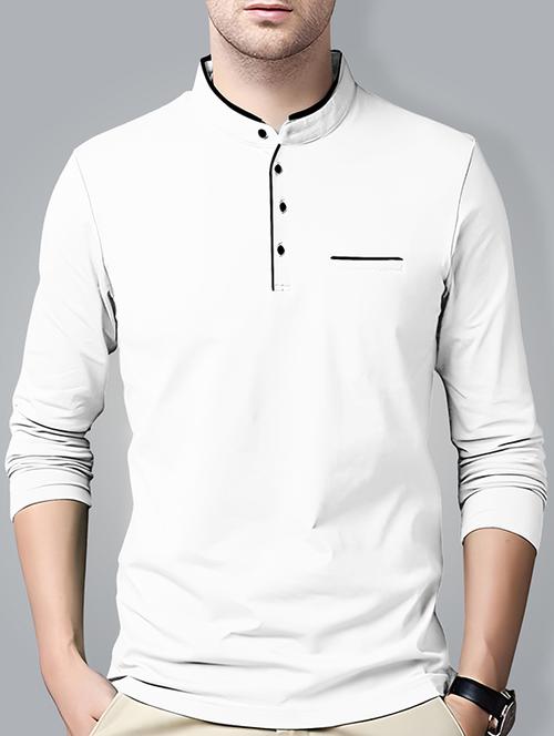 mandarin neck contrast piping solid t-shirt - 18507575 - Standard Image - 1