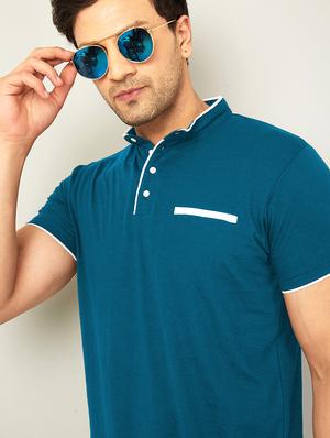 mandarin neck contrast piping solid t-shirt - 18507581 - Standard Image - 3