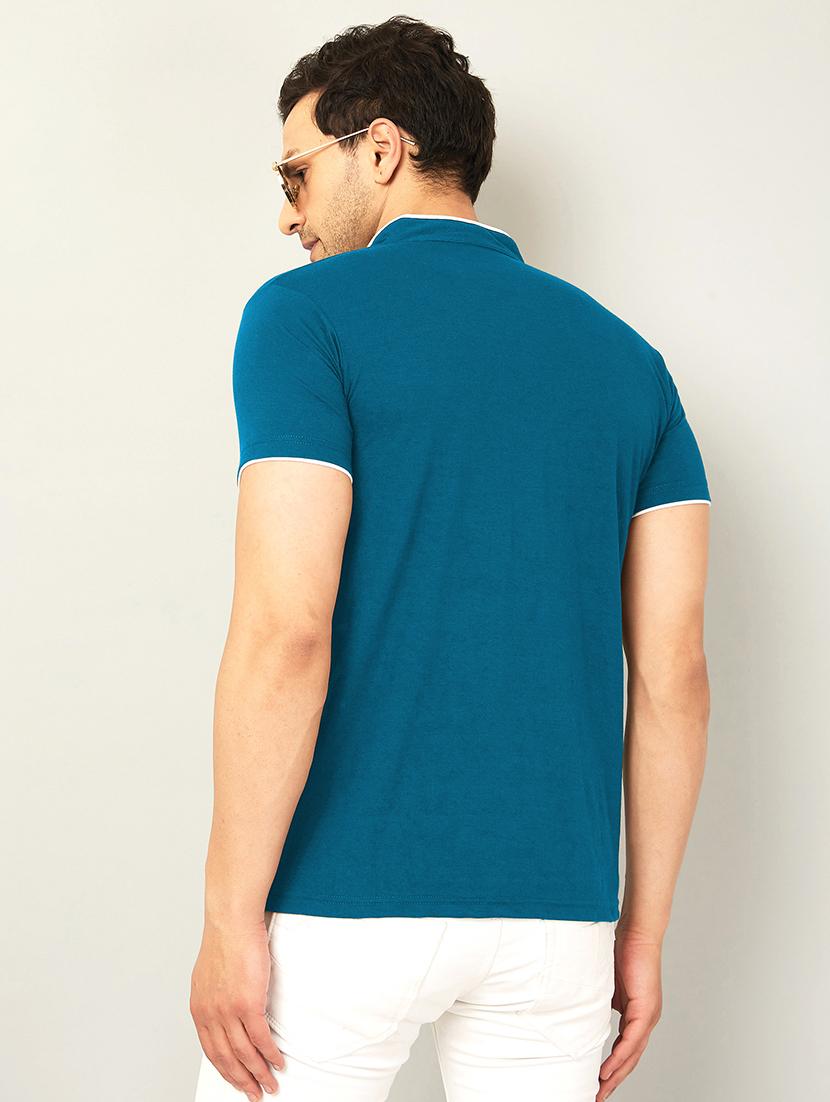 mandarin neck contrast piping solid t-shirt - 18507581 - Zoom Image - 2