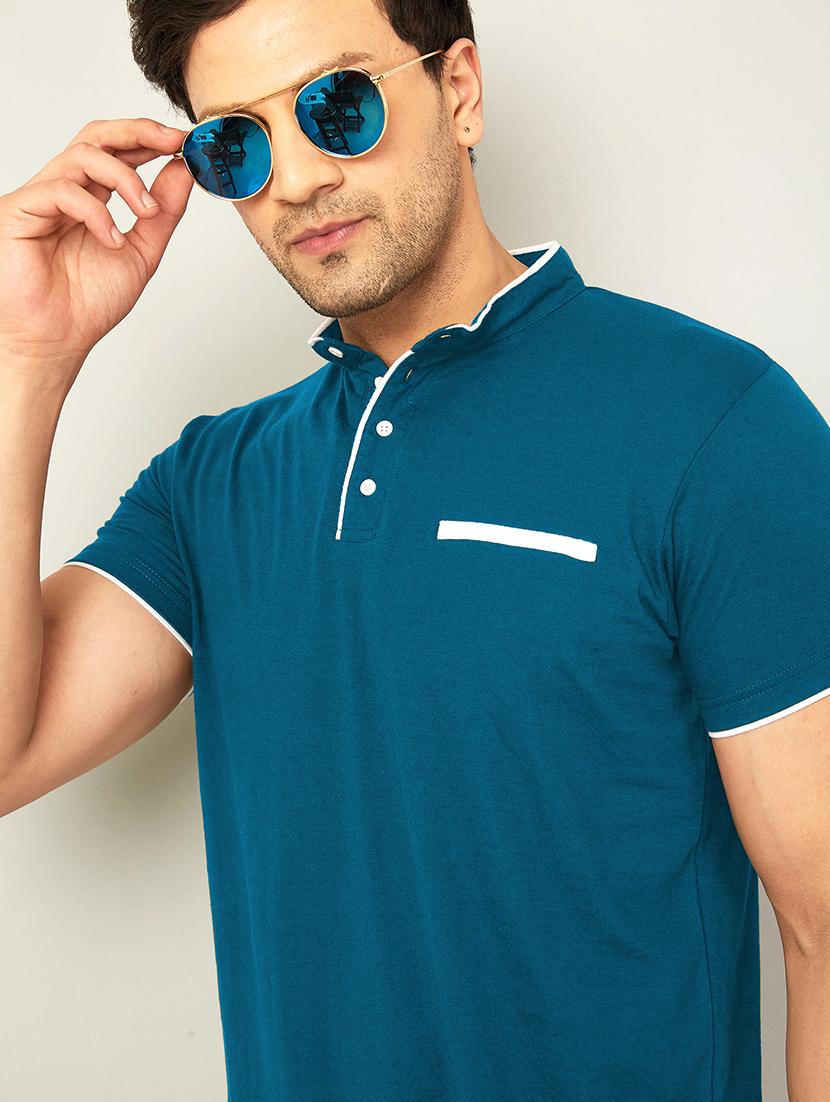mandarin neck contrast piping solid t-shirt - 18507581 - Zoom Image - 3