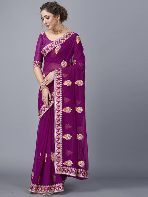 purple georgette embroidered saree with blouse - 18509841 - Very Small Image - 1