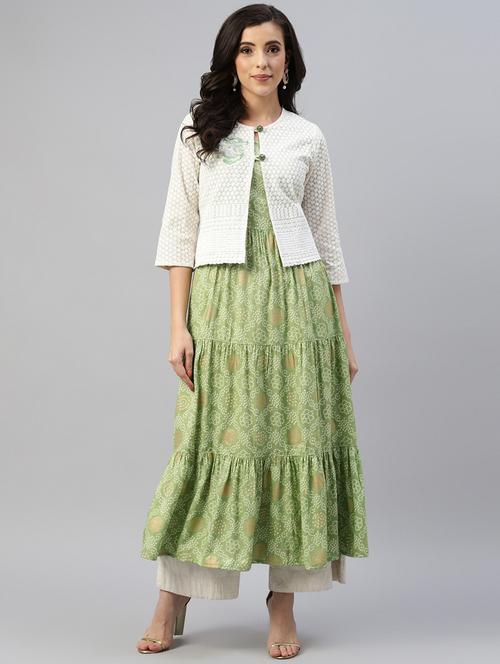 foil printed kurta with embroidered jacket - 18515768 - Standard Image - 1