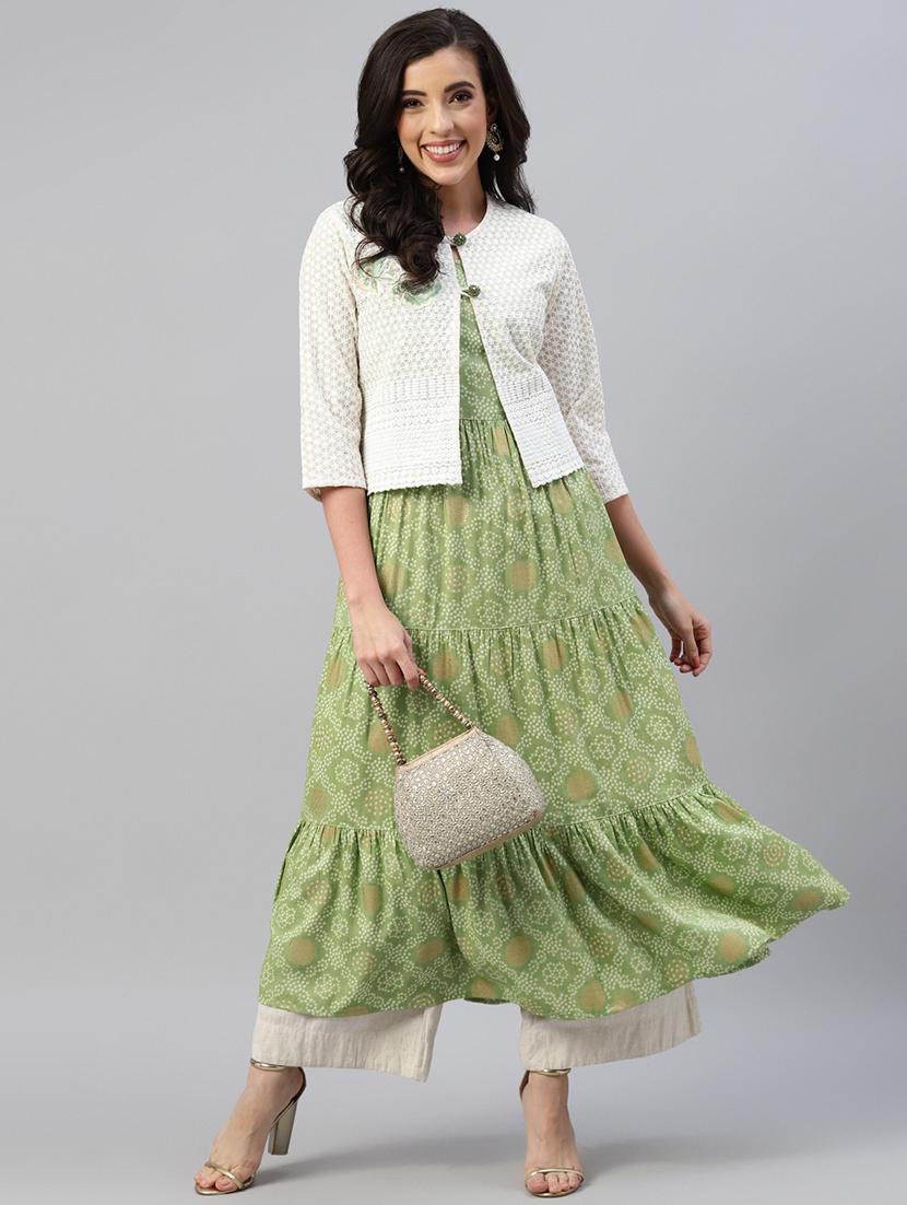 foil printed kurta with embroidered jacket - 18515768 - Zoom Image - 4