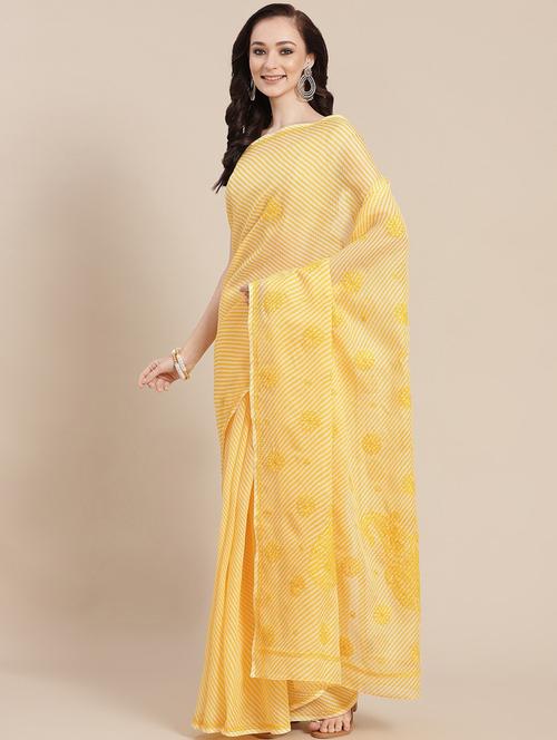 ada hand-embroidered yellow kota leheriya saree with chikankari work with blouse - 18524407 - Standard Image - 1