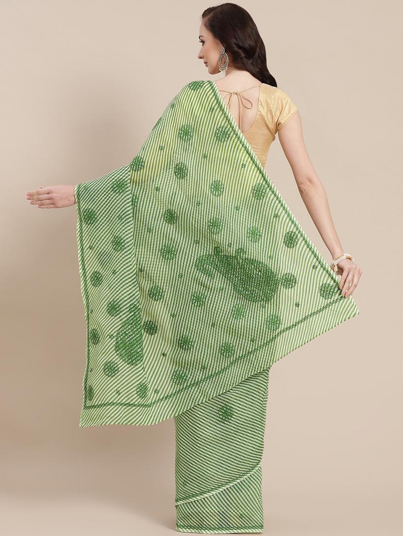 ada hand-embroidered green kota leheriya saree with chikankari work with blouse - 18524410 - Zoom Image - 2