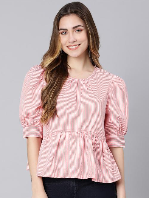 round neck striped peplum top - 18524614 - Standard Image - 1