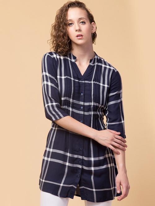 mandarin neck checkered regular tunic - 18525803 - Standard Image - 1