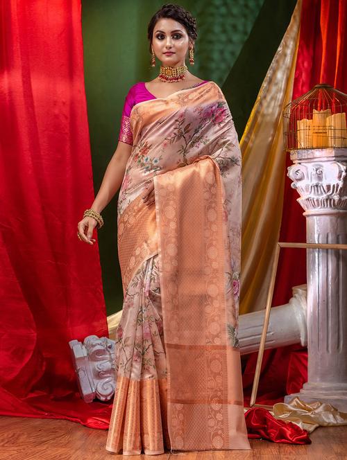 floral print zari work woven saree with blouse - 18528564 - Standard Image - 1