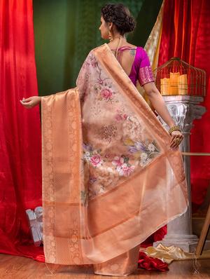 floral print zari work woven saree with blouse - 18528564 - Standard Image - 2