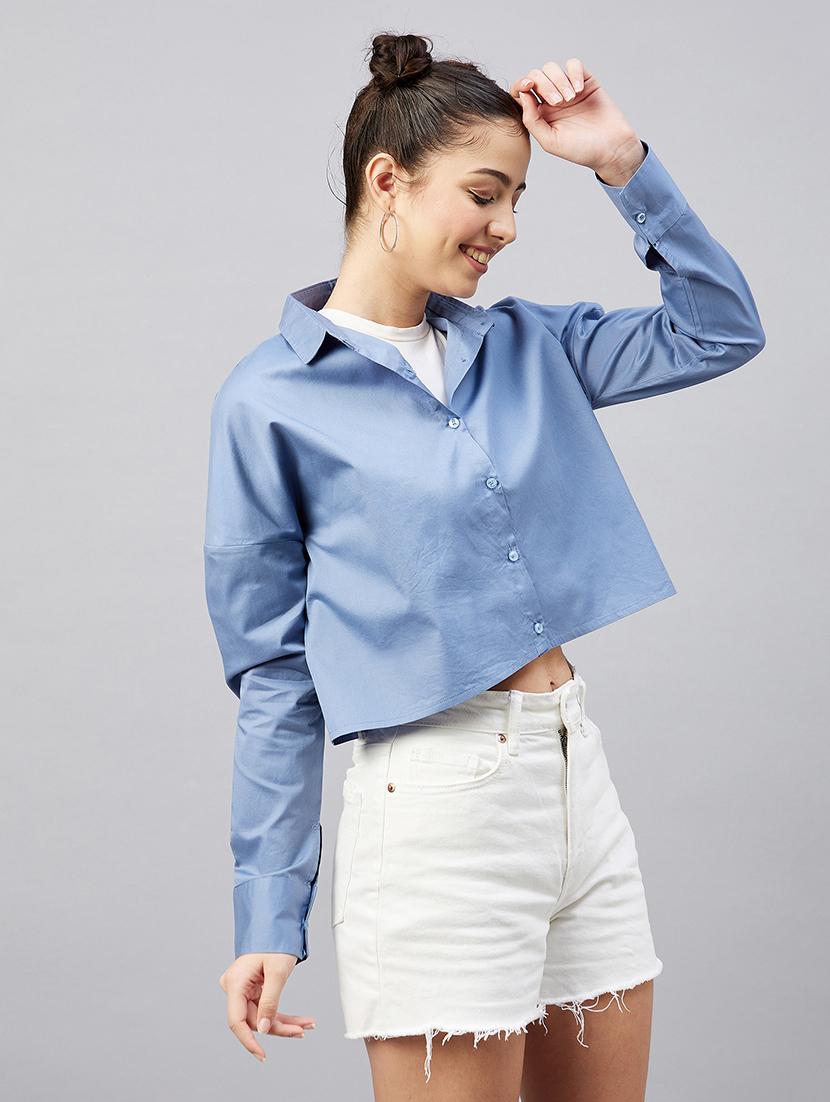 full sleeve solid drop shoulder crop shirt - 18529538 - Zoom Image - 2