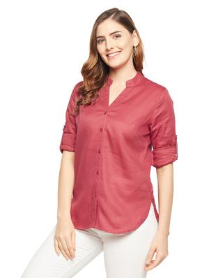 mandarin neck solid shirt - 18532994 - Standard Image - 2