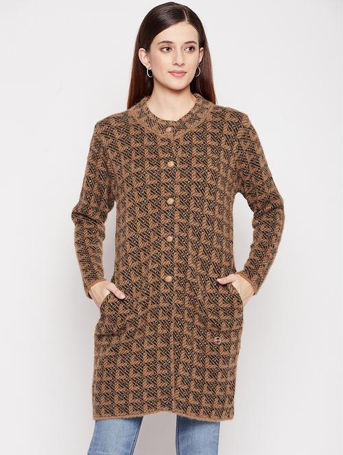 round neck self design long cardigan - 18539468 - Standard Image - 1