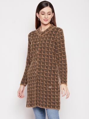 round neck self design long cardigan - 18539468 - Standard Image - 2