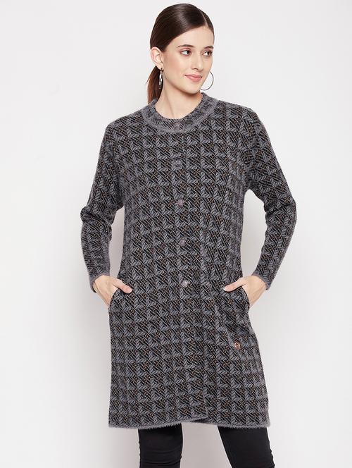 round neck self design long cardigan - 18539469 - Standard Image - 1