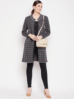 round neck self design long cardigan - 18539469 - Standard Image - 4