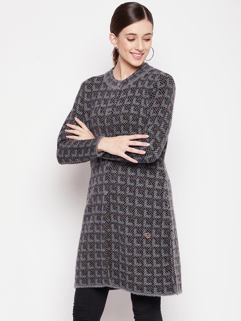 round neck self design long cardigan - 18539469 - Zoom Image - 2