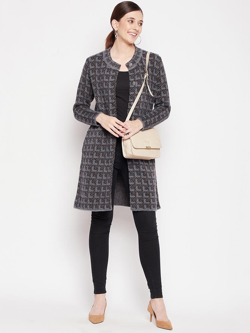 round neck self design long cardigan - 18539469 - Zoom Image - 4