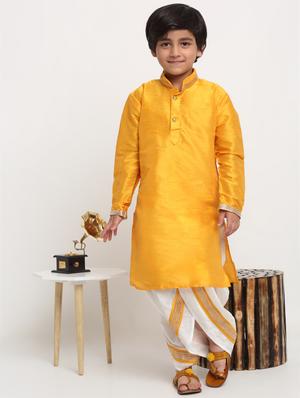 boys yellow solid dhoti kurta set - 18565312 - Standard Image - 2