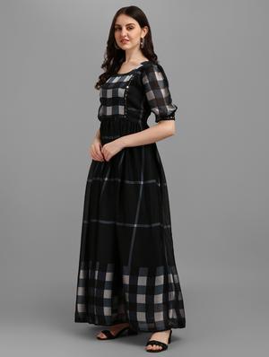 puff sleeved checkered flared dress - 18574970 - Standard Image - 2