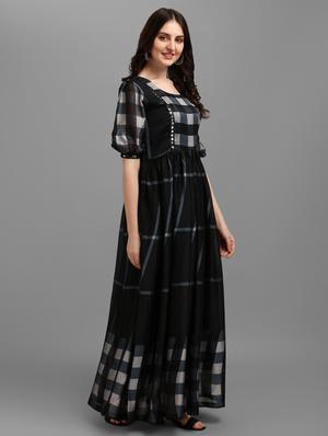puff sleeved checkered flared dress - 18574970 - Standard Image - 3
