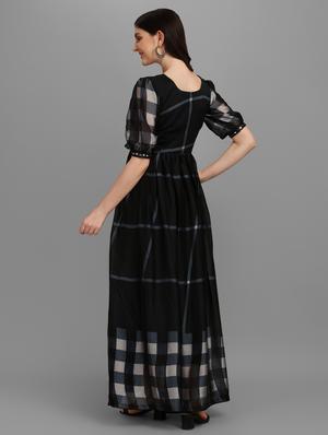 puff sleeved checkered flared dress - 18574970 - Standard Image - 4