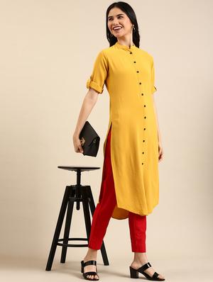 yellow solid front slit kurta - 18591120 - Standard Image - 3