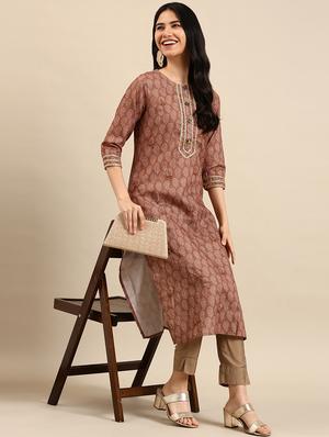 brown printed lace work straight kurta - 18591147 - Standard Image - 3