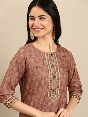 brown printed lace work straight kurta - 18591147 - Standard Image - 4