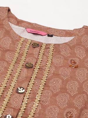 brown printed lace work straight kurta - 18591147 - Standard Image - 7