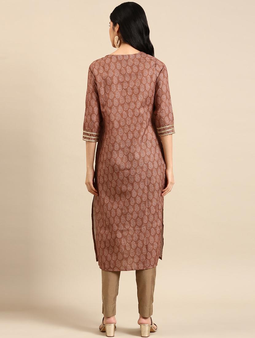 brown printed lace work straight kurta - 18591147 - Zoom Image - 2