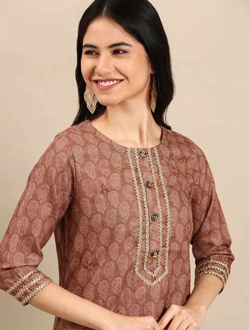 brown printed lace work straight kurta - 18591147 - Zoom Image - 4