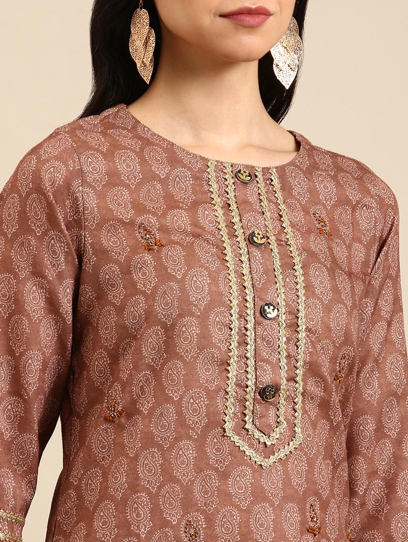 brown printed lace work straight kurta - 18591147 - Zoom Image - 5