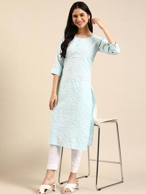 light blue self design straight kurta - 18591152 - Standard Image - 3