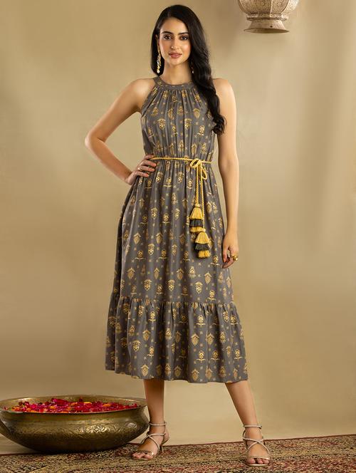 halter neck printed fit & flare dress - 18608145 - Standard Image - 1