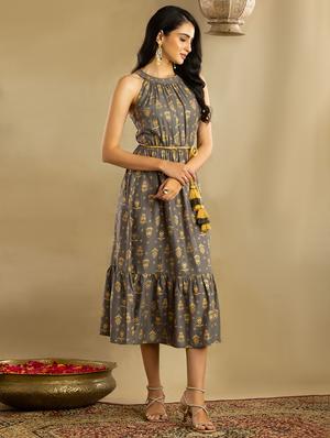 halter neck printed fit & flare dress - 18608145 - Standard Image - 2