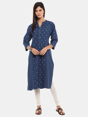 mandarin neck printed denim kurta - 18639333 - Standard Image - 2