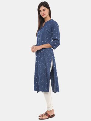 mandarin neck printed denim kurta - 18639333 - Standard Image - 3