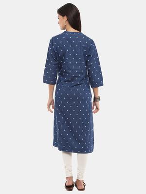 mandarin neck printed denim kurta - 18639333 - Standard Image - 4