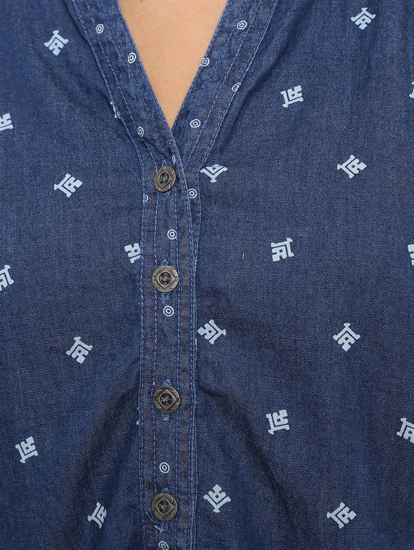 mandarin neck printed denim kurta - 18639333 - Zoom Image - 5