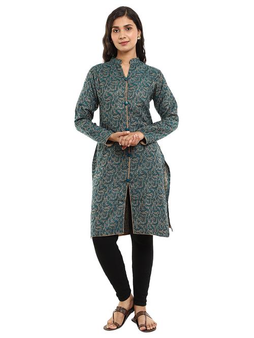 teal self design front slit kurta - 18639420 - Standard Image - 1