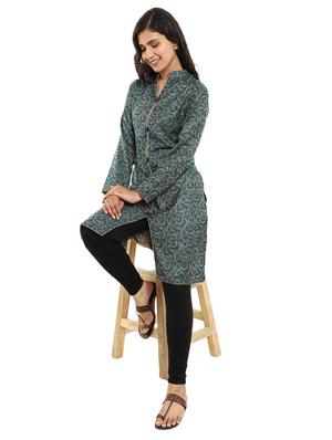 teal self design front slit kurta - 18639420 - Standard Image - 2