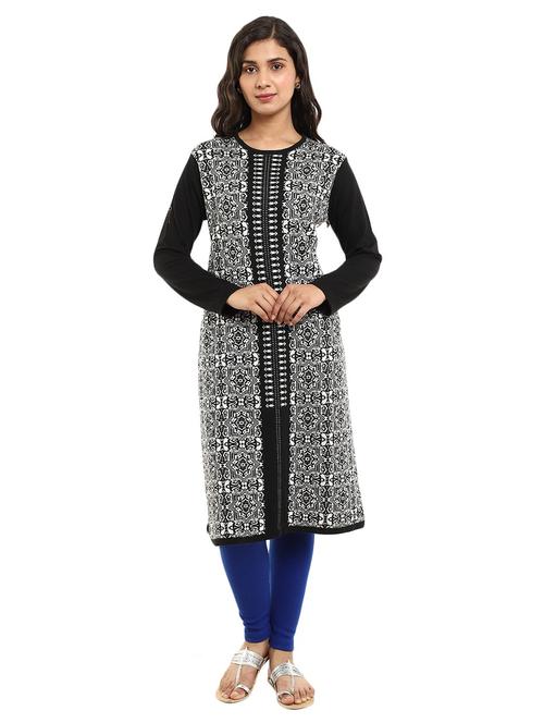 black self design straight woolen kurta - 18639422 - Standard Image - 1