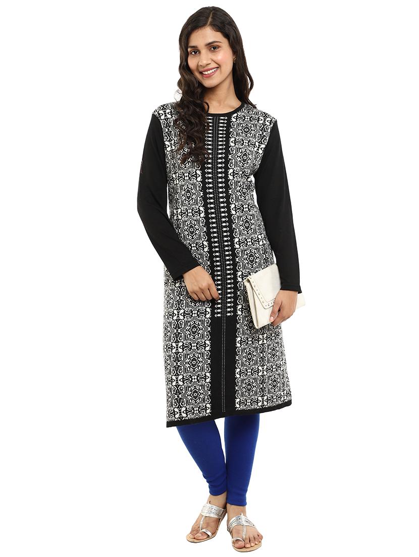 black self design straight woolen kurta - 18639422 - Zoom Image - 2