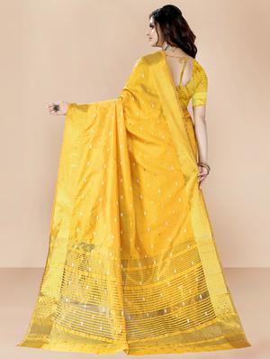 yellow woven self design saree with blouse - 18642706 - Standard Image - 3