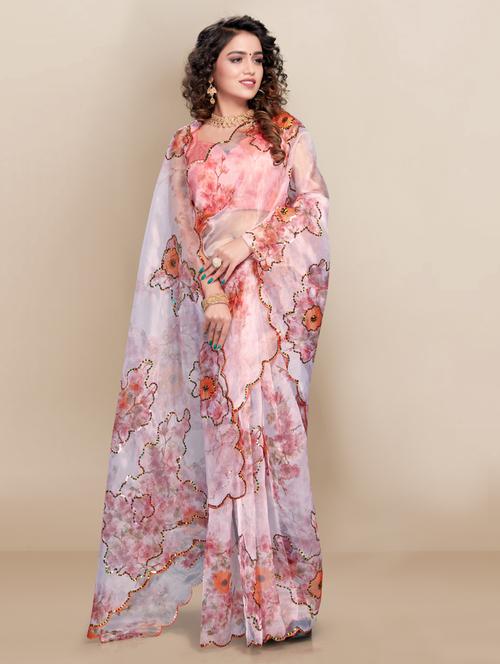 floral print organza saree with blouse - 18642802 - Very Small Image - 1