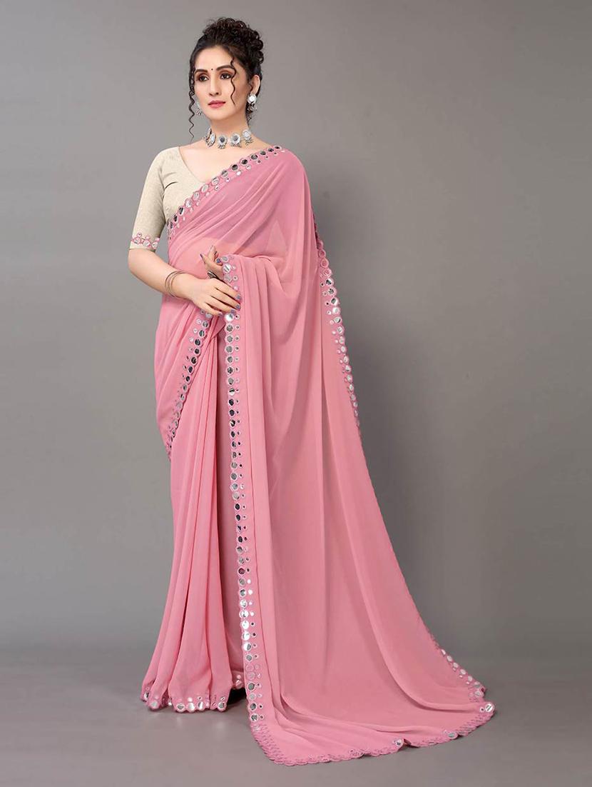 pink georgette plain saree with blouse - 18685848 - Zoom Image - 1