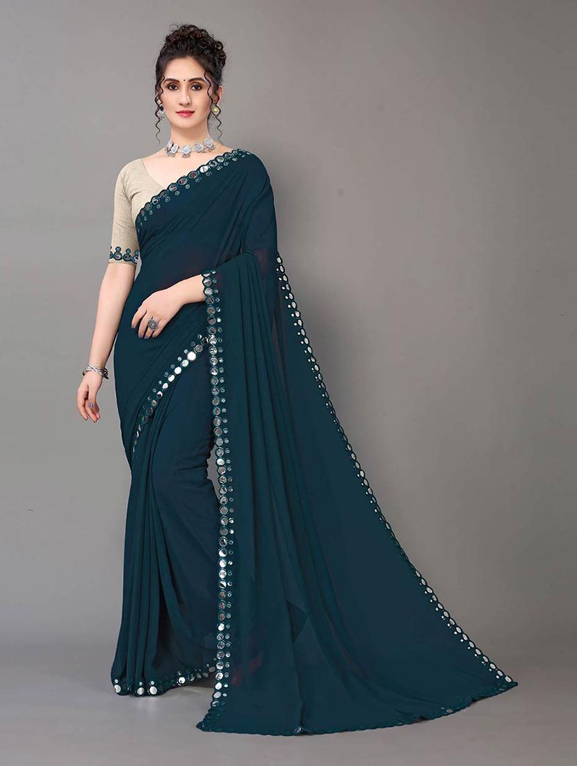 blue georgette plain saree with blouse - 18685851 - Zoom Image - 1