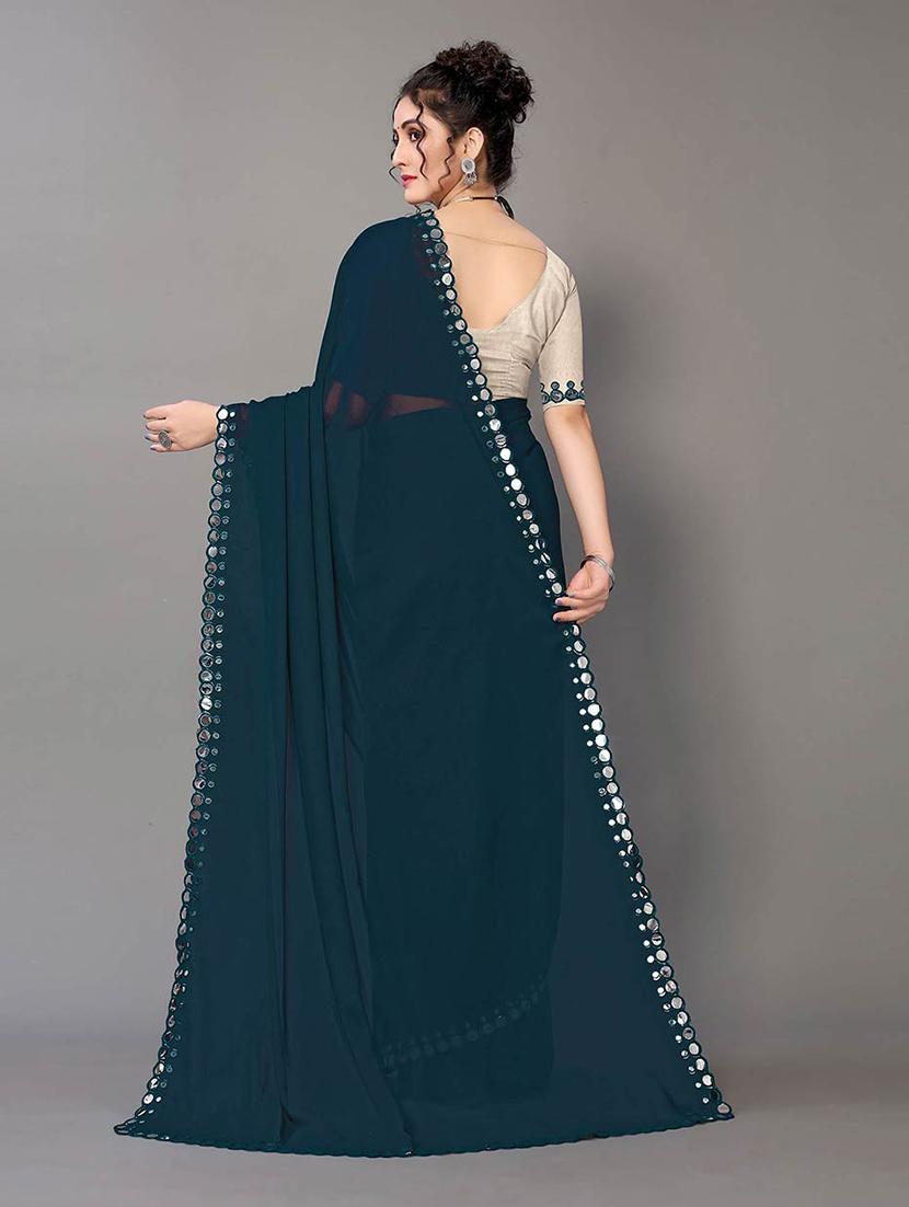 blue georgette plain saree with blouse - 18685851 - Zoom Image - 2