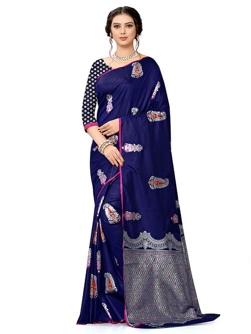 dark blue silk banarasi saree with blouse - 18686728 - Standard Image - 1