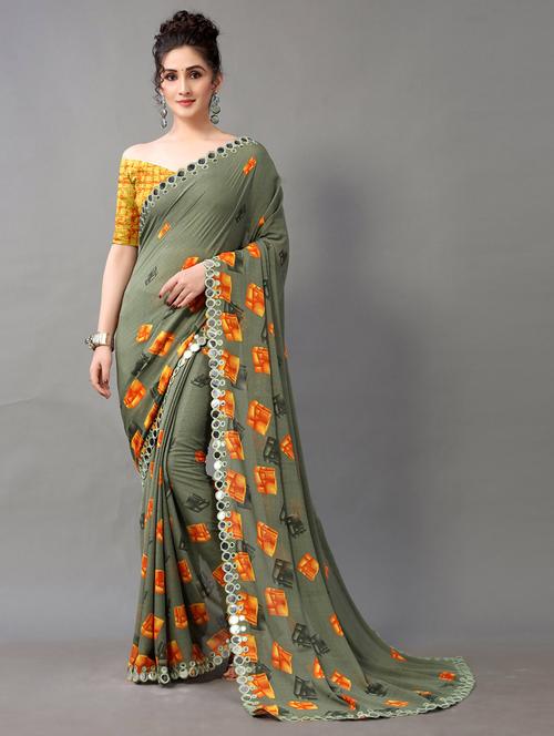 green georgette printed saree with blouse - 18688643 - Standard Image - 1